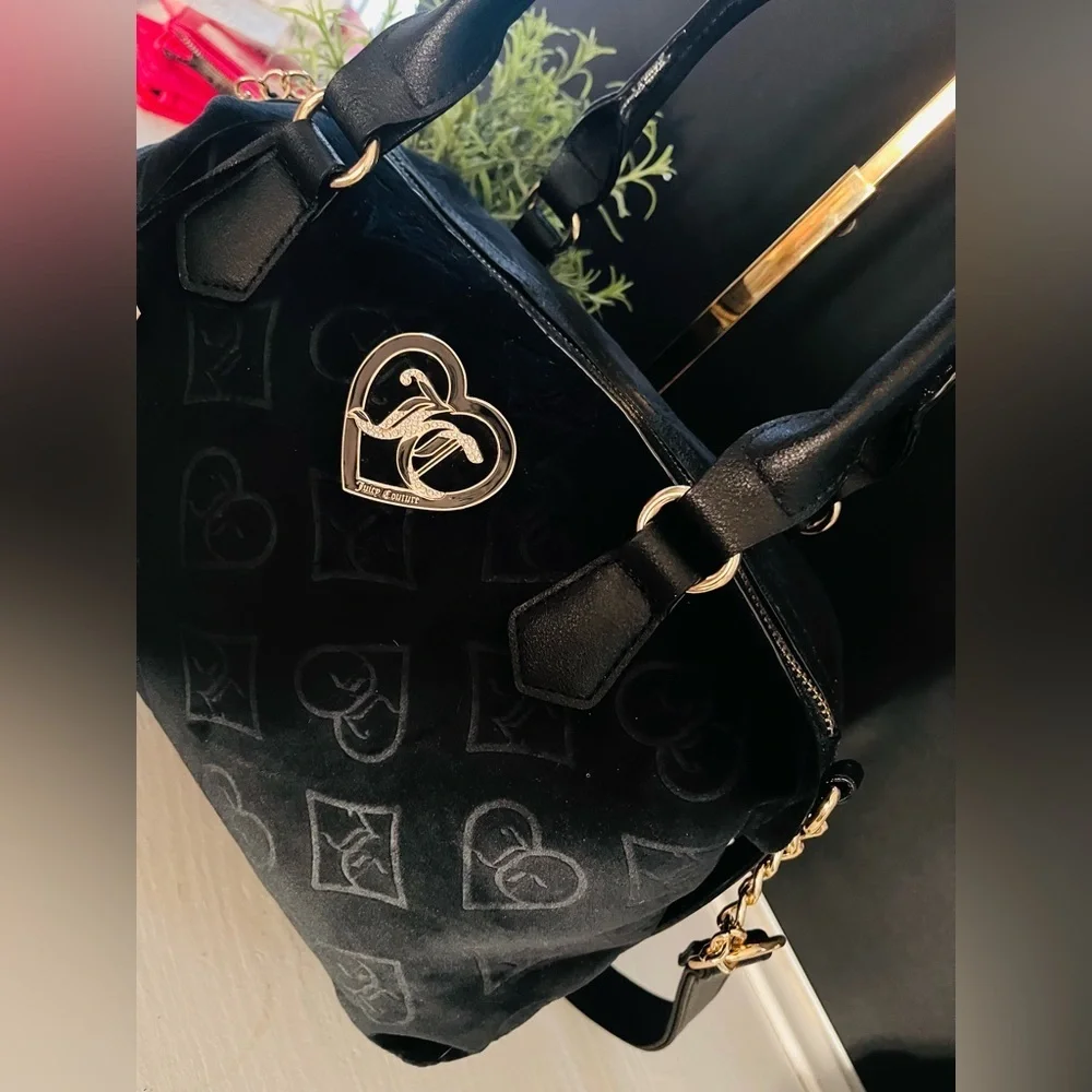 Juicy Couture Black Velvet Glitz Satchel Bag Crossbody Gold Hardware NWT
